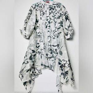 Saint Gil Paris Women’s Top Large White Black Assymetrical Linen Tunic Blouse